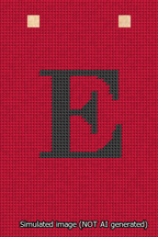 A simulated image of the stitched needlepoint design: Banner 13m Squared E Black on Red. Not A.I. generated.