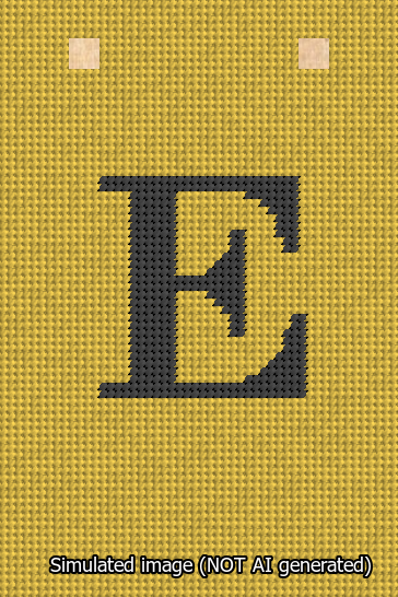 A simulated image of the stitched needlepoint design: Banner 13m Squared E Black on Yellow. Not A.I. generated.