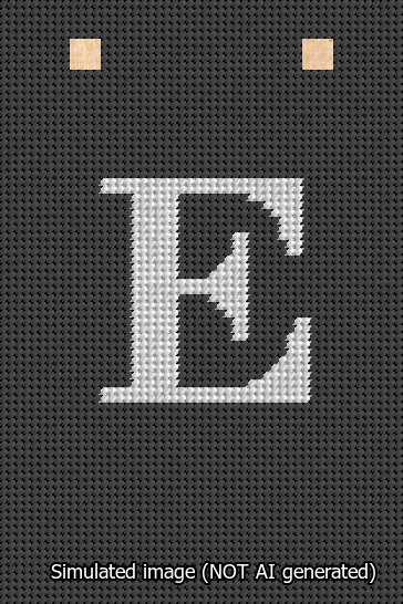 A simulated image of the stitched needlepoint design: Banner 13m Squared E White on Black. Not A.I. generated.