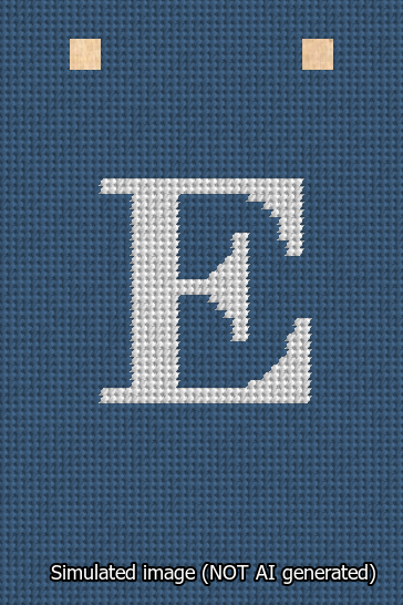 A simulated image of the stitched needlepoint design: Banner 13m Squared E White on Blue. Not A.I. generated.