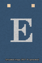 A simulated image of the stitched needlepoint design: Banner 13m Squared E White on Blue. Not A.I. generated.