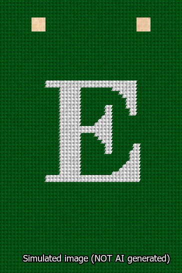 A simulated image of the stitched needlepoint design: Banner 13m Squared E White on Green. Not A.I. generated.