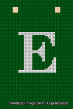 A simulated image of the stitched needlepoint design: Banner 13m Squared E White on Green. Not A.I. generated.