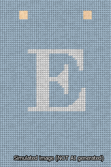 A simulated image of the stitched needlepoint design: Banner 13m Squared E White on Light Blue. Not A.I. generated.