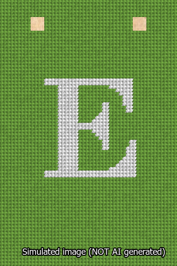 A simulated image of the stitched needlepoint design: Banner 13m Squared E White on Light Green. Not A.I. generated.