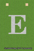 A simulated image of the stitched needlepoint design: Banner 13m Squared E White on Light Green. Not A.I. generated.