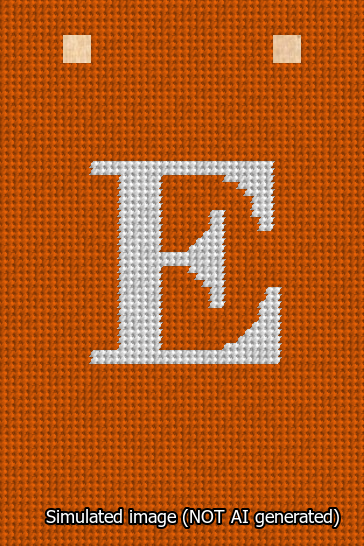 A simulated image of the stitched needlepoint design: Banner 13m Squared E White on Orange. Not A.I. generated.