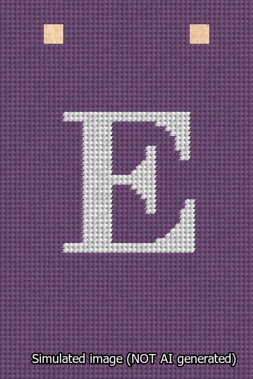 A simulated image of the stitched needlepoint design: Banner 13m Squared E White on Purple. Not A.I. generated.