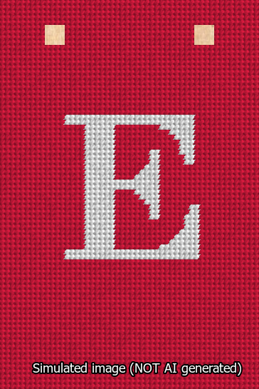 A simulated image of the stitched needlepoint design: Banner 13m Squared E White on Red. Not A.I. generated.