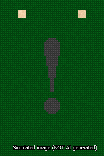 A simulated image of the stitched needlepoint design: Banner 13m Squared Exclamation Black on Green. Not A.I. generated.