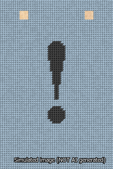 A simulated image of the stitched needlepoint design: Banner 13m Squared Exclamation Black on Light Blue. Not A.I. generated.