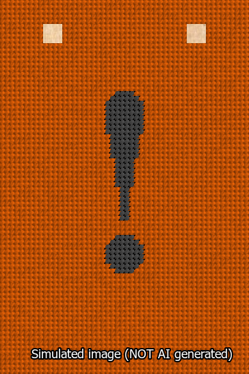 A simulated image of the stitched needlepoint design: Banner 13m Squared Exclamation Black on Orange. Not A.I. generated.