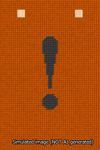 A simulated image of the stitched needlepoint design: Banner 13m Squared Exclamation Black on Orange. Not A.I. generated.