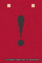 A simulated image of the stitched needlepoint design: Banner 13m Squared Exclamation Black on Red. Not A.I. generated.