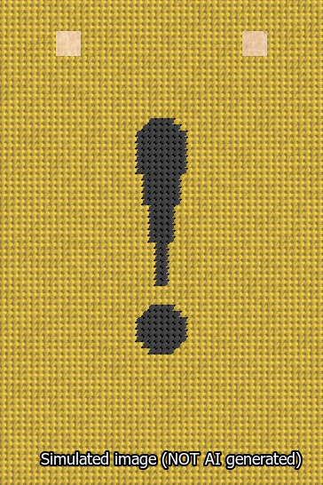 A simulated image of the stitched needlepoint design: Banner 13m Squared Exclamation Black on Yellow. Not A.I. generated.