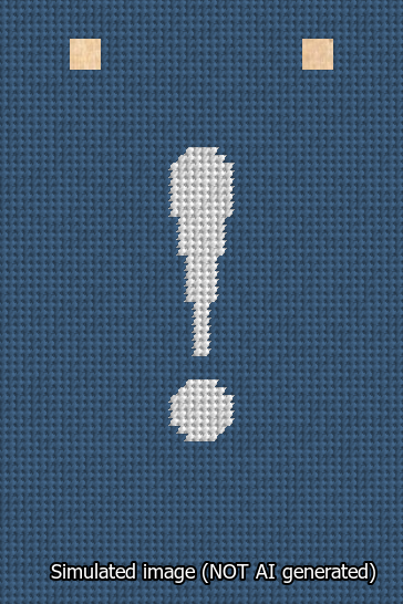 A simulated image of the stitched needlepoint design: Banner 13m Squared Exclamation White on Blue. Not A.I. generated.