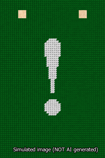 A simulated image of the stitched needlepoint design: Banner 13m Squared Exclamation White on Green. Not A.I. generated.