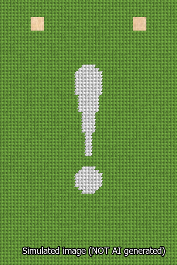 A simulated image of the stitched needlepoint design: Banner 13m Squared Exclamation White on Light Green. Not A.I. generated.
