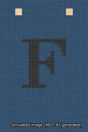 A simulated image of the stitched needlepoint design: Banner 13m Squared F Black on Blue. Not A.I. generated.
