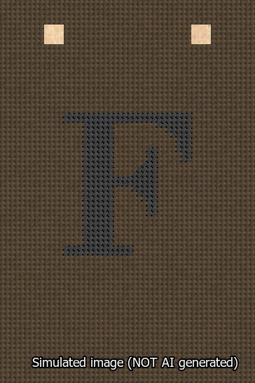 A simulated image of the stitched needlepoint design: Banner 13m Squared F Black on Brown. Not A.I. generated.