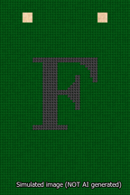 A simulated image of the stitched needlepoint design: Banner 13m Squared F Black on Green. Not A.I. generated.