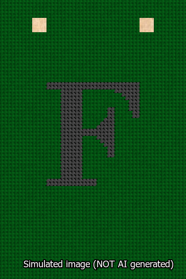 A simulated image of the stitched needlepoint design: Banner 13m Squared F Black on Green. Not A.I. generated.