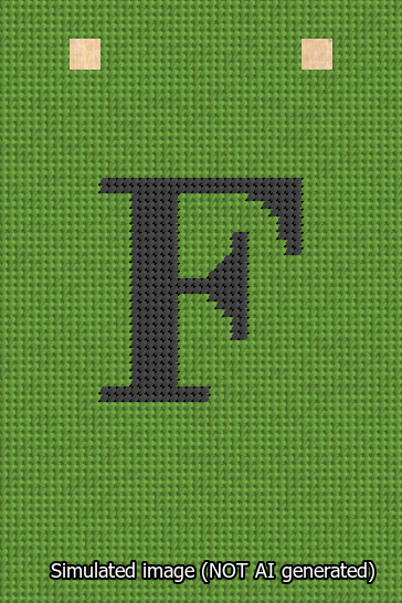 A simulated image of the stitched needlepoint design: Banner 13m Squared F Black on Light Green. Not A.I. generated.
