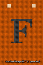 A simulated image of the stitched needlepoint design: Banner 13m Squared F Black on Orange. Not A.I. generated.