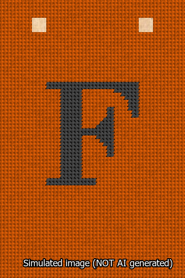 A simulated image of the stitched needlepoint design: Banner 13m Squared F Black on Orange. Not A.I. generated.