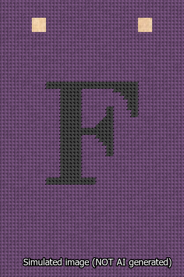 A simulated image of the stitched needlepoint design: Banner 13m Squared F Black on Purple. Not A.I. generated.