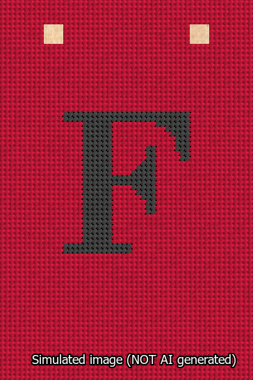 A simulated image of the stitched needlepoint design: Banner 13m Squared F Black on Red. Not A.I. generated.
