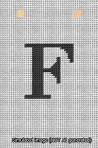 A simulated image of the stitched needlepoint design: Banner 13m Squared F Black on White. Not A.I. generated.