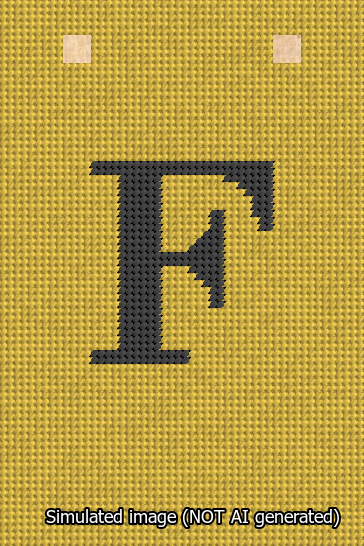 A simulated image of the stitched needlepoint design: Banner 13m Squared F Black on Yellow. Not A.I. generated.
