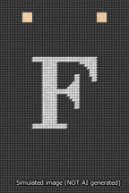 A simulated image of the stitched needlepoint design: Banner 13m Squared F White on Black. Not A.I. generated.
