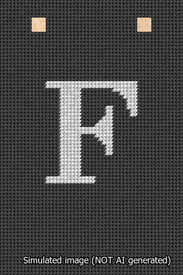 A simulated image of the stitched needlepoint design: Banner 13m Squared F White on Black. Not A.I. generated.
