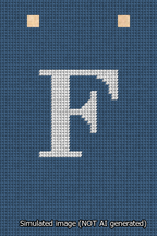 A simulated image of the stitched needlepoint design: Banner 13m Squared F White on Blue. Not A.I. generated.