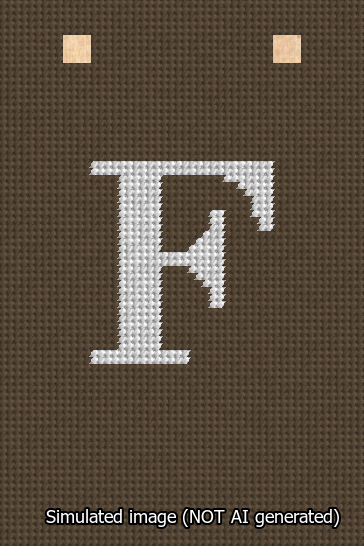 A simulated image of the stitched needlepoint design: Banner 13m Squared F White on Brown. Not A.I. generated.