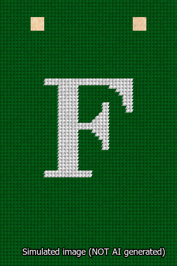 A simulated image of the stitched needlepoint design: Banner 13m Squared F White on Green. Not A.I. generated.