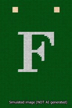 A simulated image of the stitched needlepoint design: Banner 13m Squared F White on Green. Not A.I. generated.