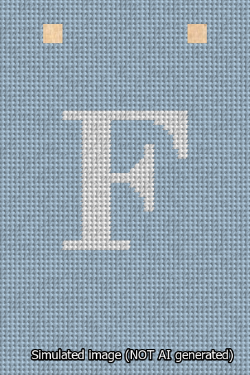 A simulated image of the stitched needlepoint design: Banner 13m Squared F White on Light Blue. Not A.I. generated.