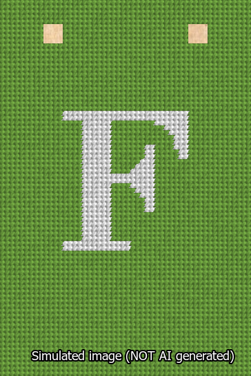 A simulated image of the stitched needlepoint design: Banner 13m Squared F White on Light Green. Not A.I. generated.
