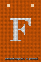 A simulated image of the stitched needlepoint design: Banner 13m Squared F White on Orange. Not A.I. generated.