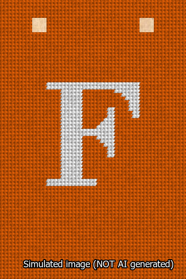 A simulated image of the stitched needlepoint design: Banner 13m Squared F White on Orange. Not A.I. generated.