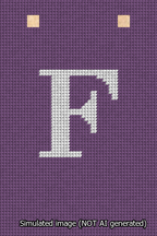 A simulated image of the stitched needlepoint design: Banner 13m Squared F White on Purple. Not A.I. generated.