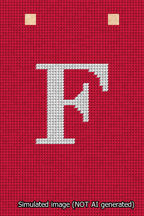 A simulated image of the stitched needlepoint design: Banner 13m Squared F White on Red. Not A.I. generated.