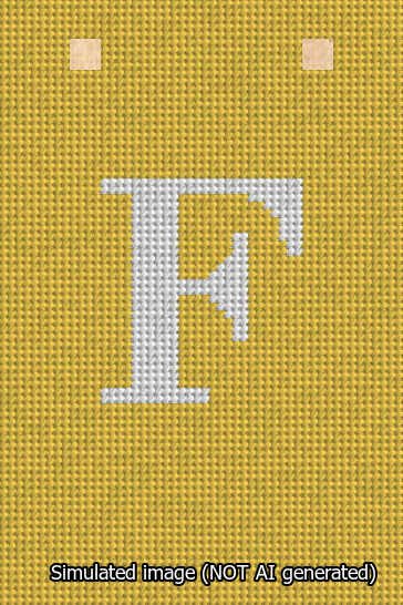 A simulated image of the stitched needlepoint design: Banner 13m Squared F White on Yellow. Not A.I. generated.