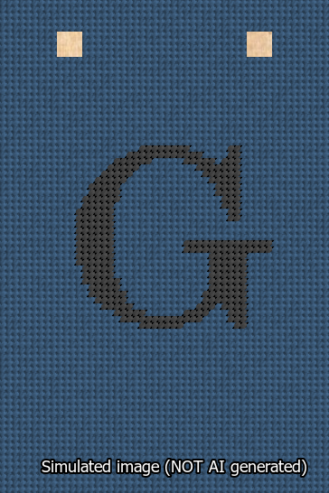 A simulated image of the stitched needlepoint design: Banner 13m Squared G Black on Blue. Not A.I. generated.