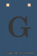 A simulated image of the stitched needlepoint design: Banner 13m Squared G Black on Blue. Not A.I. generated.