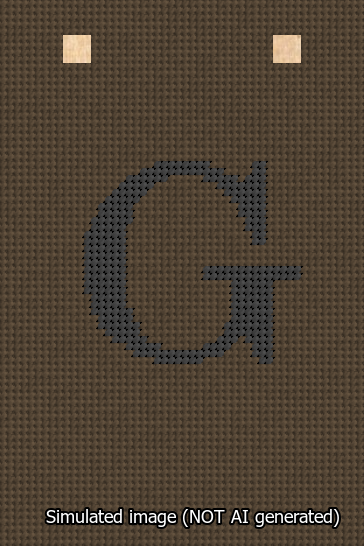A simulated image of the stitched needlepoint design: Banner 13m Squared G Black on Brown. Not A.I. generated.