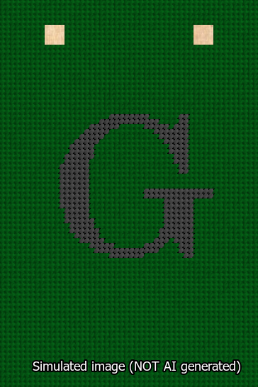 A simulated image of the stitched needlepoint design: Banner 13m Squared G Black on Green. Not A.I. generated.